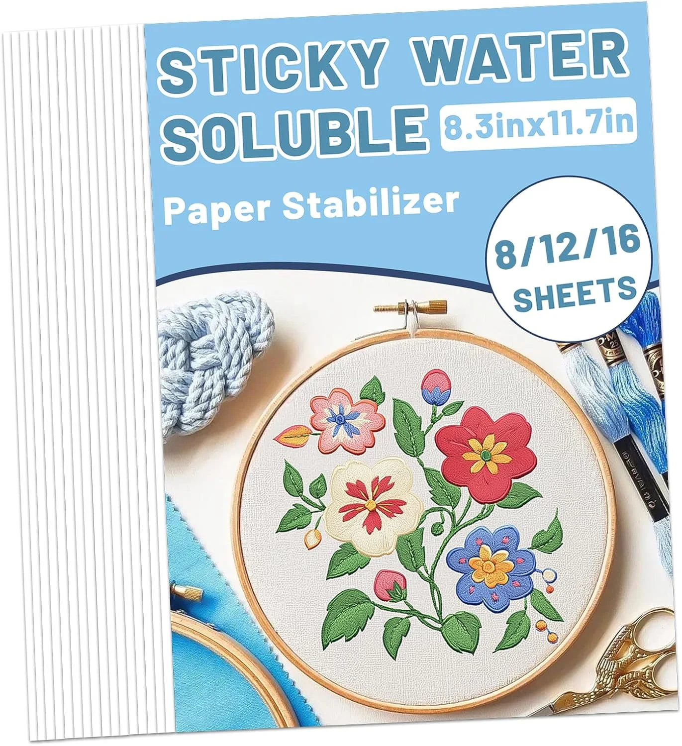 تثبیت کننده گلدوزی چسبنده محلول در آب 16 عددی 8.3" x 11.7" تثبیت کننده کاغذی قابل شستشو مناسب برای چاپ یا طراحی الگو، کاغذ انتقال گلدوزی برای گلدوزی دستی و ماشینی