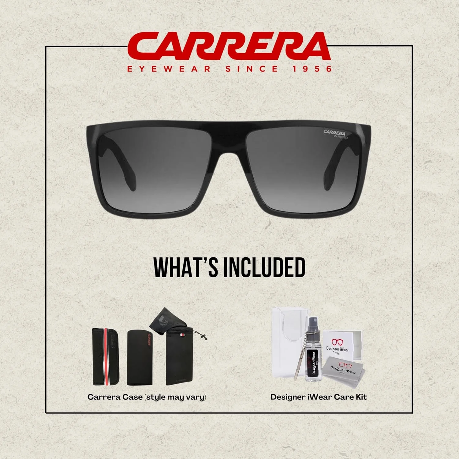 عینک آفتابی مردانه/زنانه Carrera CA5039/S + بسته لوازم جانبی عینک iWear، مشکی/خاکستری تیره تدریجی، 58