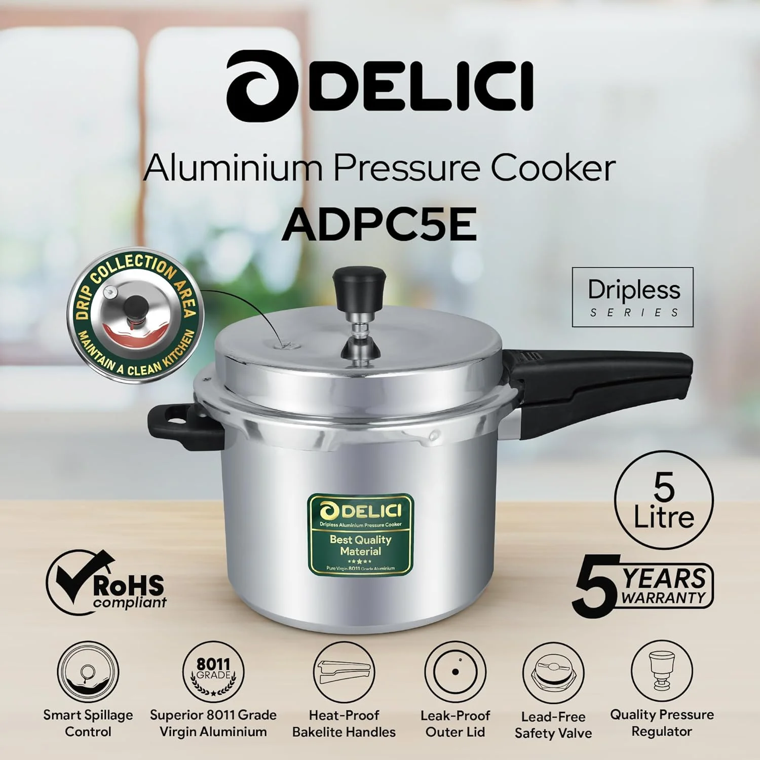 Delici Pressure Cooker Dripless 5 Litre NIB ADPC5E | Superior Virgin Aluminium | Smart Spillage Control | High Thermal Heating | Quality Pressure Regulator | Extra Safe Gasket Vent Delici Pressure Cooker Dripless 5 Litre NIB ADPC5E | Superior Virgin Aluminium | Smart Spillage Control | High Thermal Heating | Quality Pressure Regulator | Extra Safe Gasket Vent
