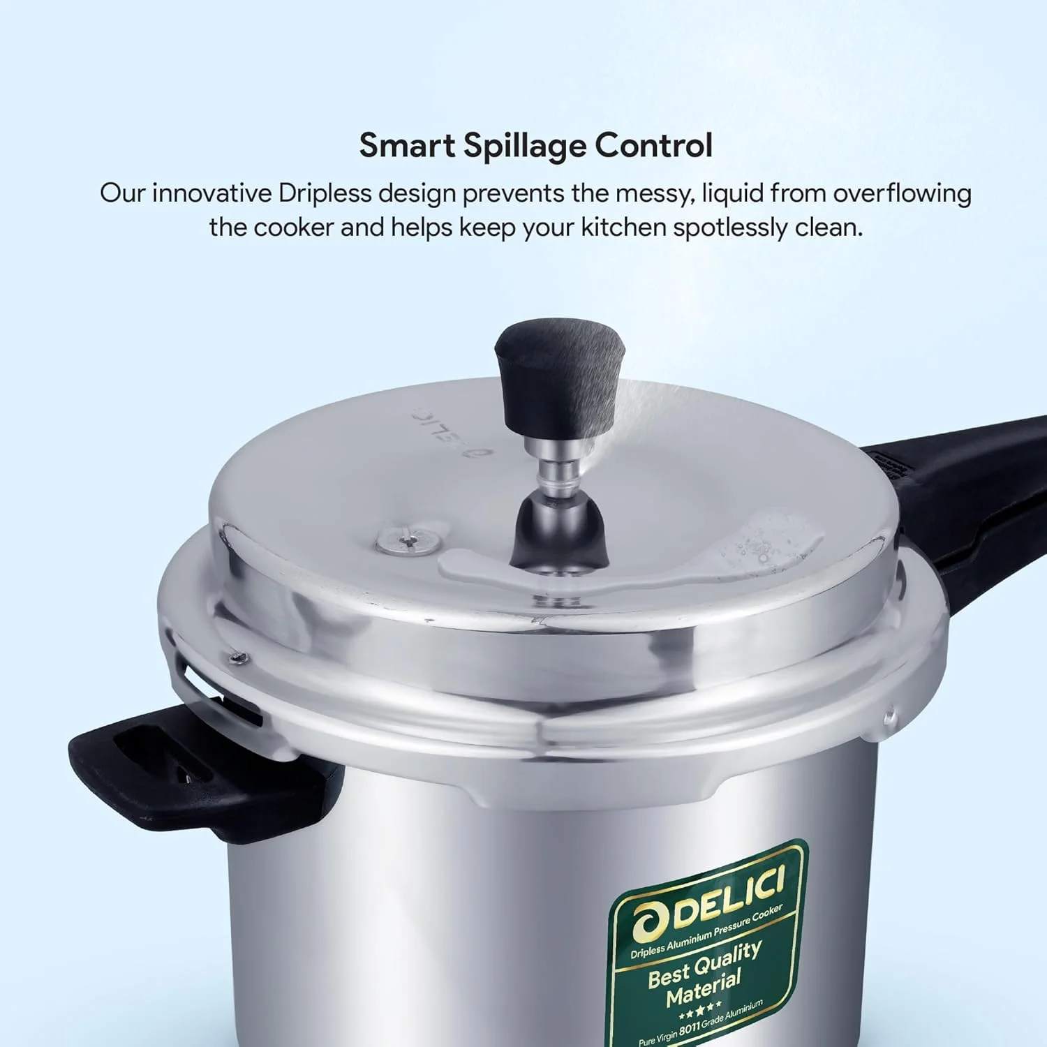 Delici Pressure Cooker Dripless 5 Litre NIB ADPC5E | Superior Virgin Aluminium | Smart Spillage Control | High Thermal Heating | Quality Pressure Regulator | Extra Safe Gasket Vent Delici Pressure Cooker Dripless 5 Litre NIB ADPC5E | Superior Virgin Aluminium | Smart Spillage Control | High Thermal Heating | Quality Pressure Regulator | Extra Safe Gasket Vent