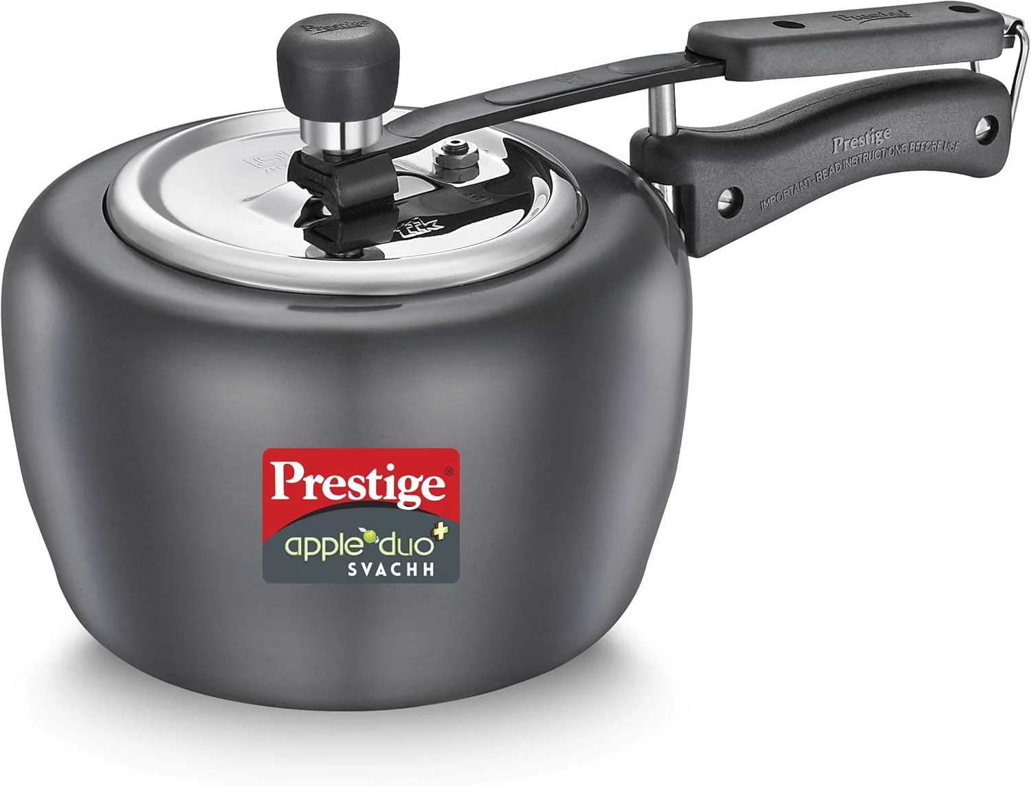 زودپز ۳ لیتری پرستیژ مدل Apple DUO Plus با روکش آنادایز سخت و پایه القایی | مشکی | درب استیل عمیق با دوشاخه ایمنی فلزی
