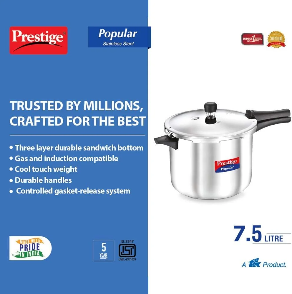 زودپز استیل پرستیژ مدل TTK با قابلیت استفاده روی اجاق القایی، ۷.۵ لیتر، نقره ای زودپز استیل پرستیژ مدل TTK با قابلیت استفاده روی اجاق القایی، ۷.۵ لیتر، نقره ای