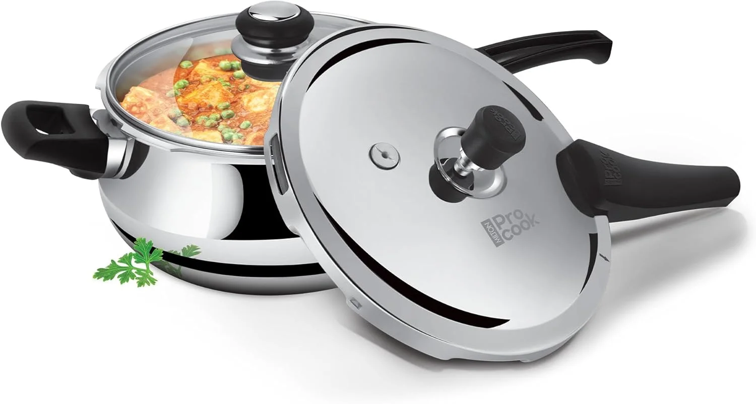 زودپز استیل سه لایه میلتون Pro Cook با درب بیرونی و شیشه ای، 5.5 لیتر، نقره ای | سیستم تخلیه واشر ایمن برای مواد غذایی | القایی | صفحه داغ | ایمن در برابر شعله