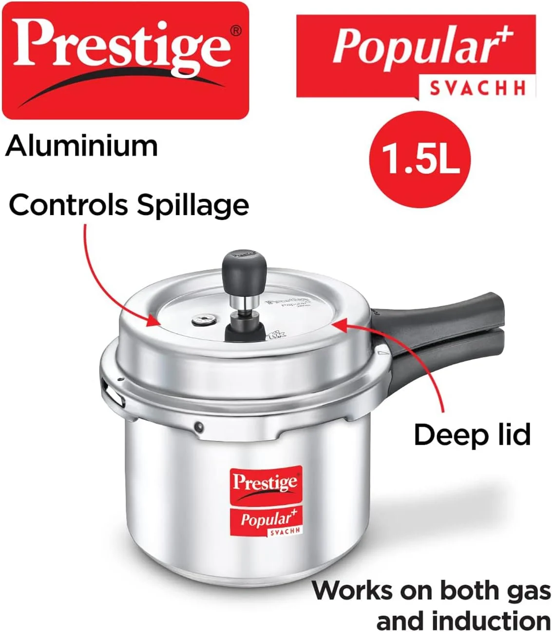 Prestige Popular Plus Svachh Aluminium Pressure Cooker, 1.5 Litre - Silver Prestige Popular Plus Svachh Aluminium Pressure Cooker, 1.5 Litre - Silver