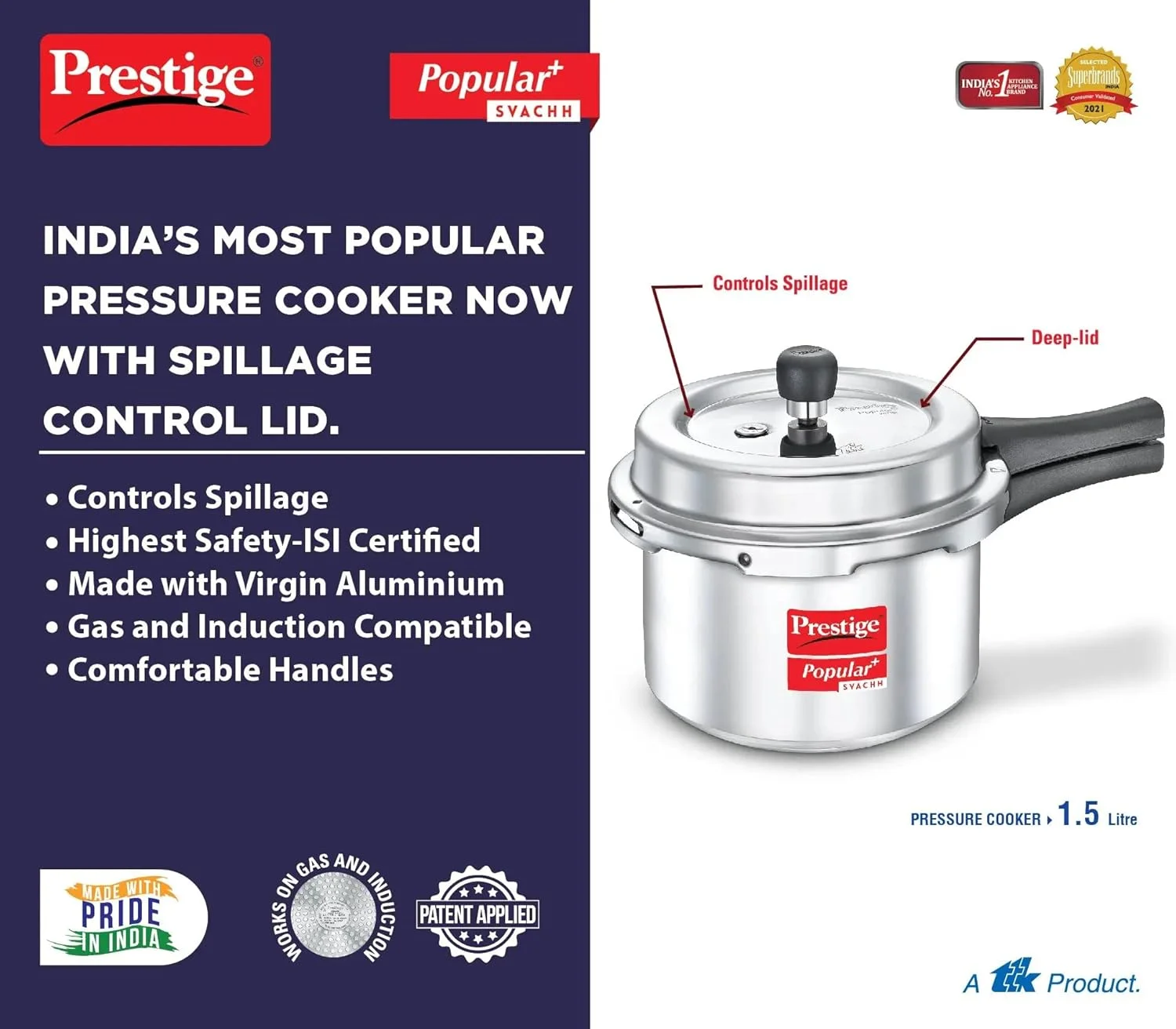 Prestige Popular Plus Svachh Aluminium Pressure Cooker, 1.5 Litre - Silver Prestige Popular Plus Svachh Aluminium Pressure Cooker, 1.5 Litre - Silver