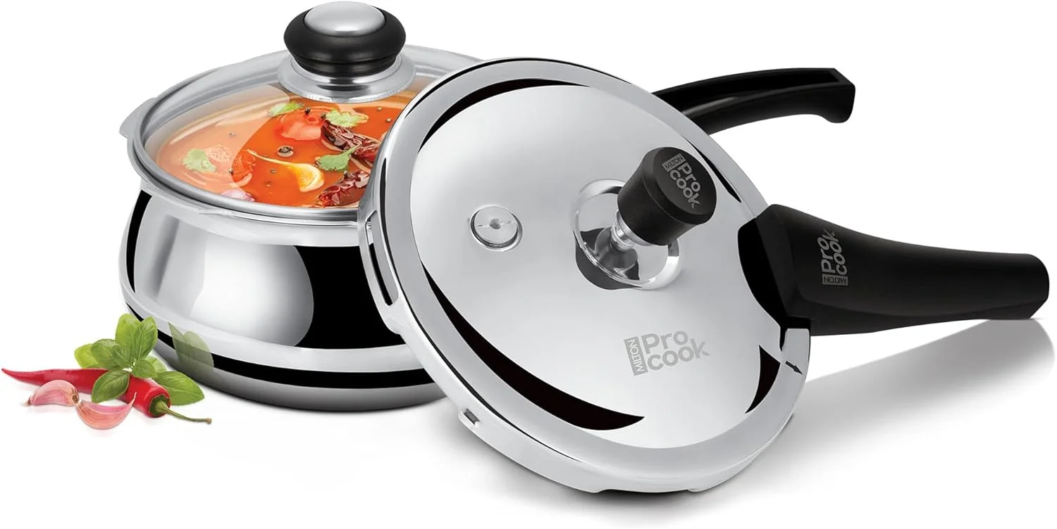 زودپز استیل سه لایه میلتون پرو کوک با درب بیرونی و شیشه ای، 3.5 لیتر، نقره ای | سیستم تخلیه واشر ایمن برای مواد غذایی | القایی | صفحه داغ | ایمن در برابر شعله