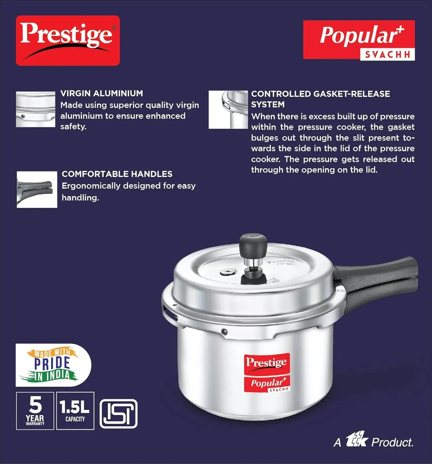 Prestige Popular Plus Svachh Aluminium Pressure Cooker, 1.5 Litre - Silver Prestige Popular Plus Svachh Aluminium Pressure Cooker, 1.5 Litre - Silver