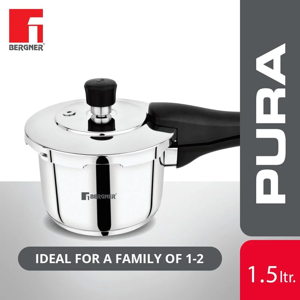 زودپز 1.5 لیتری استیل برگنر مدل پورا، درب بیرونی، کفه سه لایه، برای پخت و پز سالم، پرداخت آینه ای، تمیز کردن آسان، مناسب برای اجاق های القایی و گازی - نقره ای