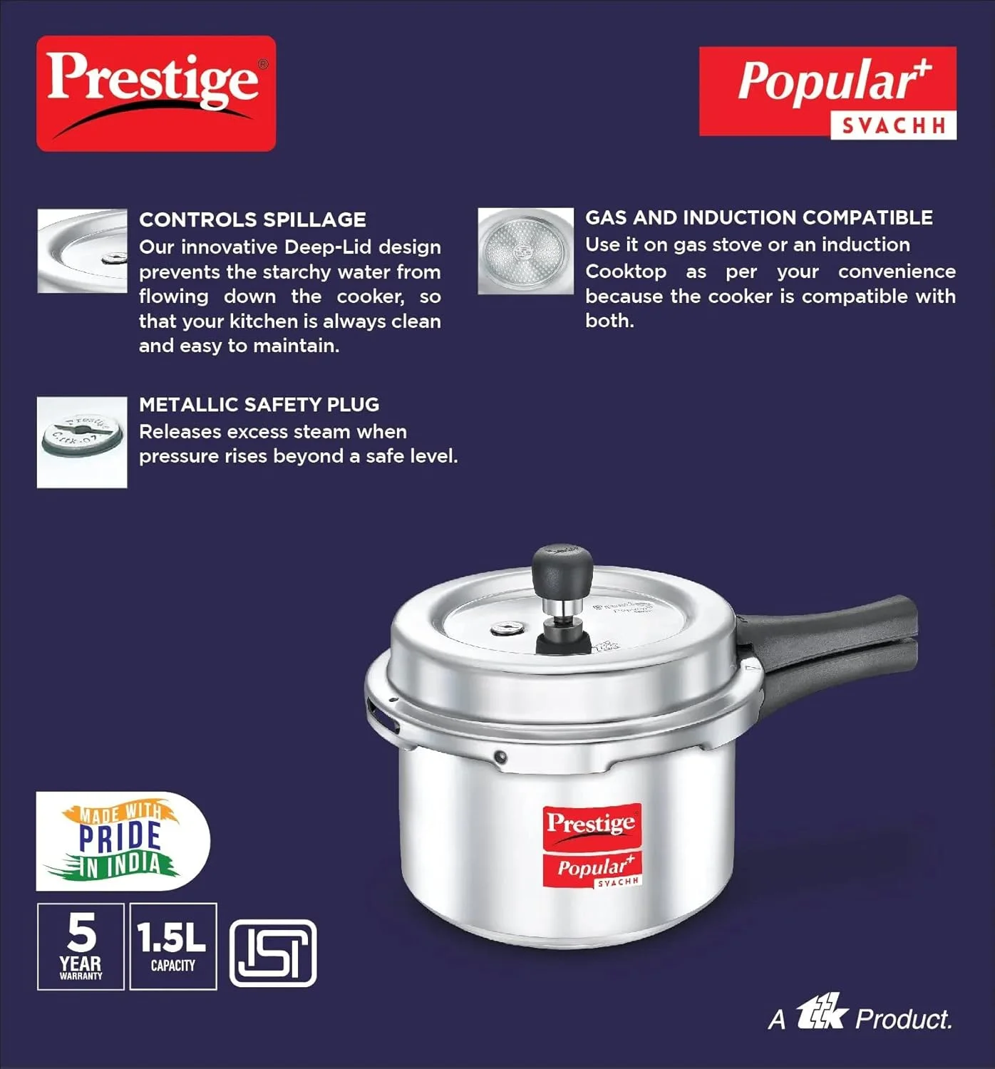 Prestige Popular Plus Svachh Aluminium Pressure Cooker, 1.5 Litre - Silver Prestige Popular Plus Svachh Aluminium Pressure Cooker, 1.5 Litre - Silver