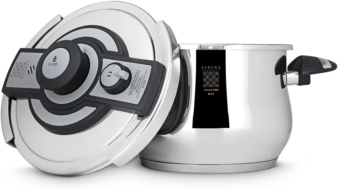 زودپز استیل 6 لیتری Serenk با کپسول حرارتی و شیر اطمینان، سازگار با اجاق گاز القایی، 3 تنظیمات دما، قابل شستشو در ماشین ظرفشویی، 6 لیتر
