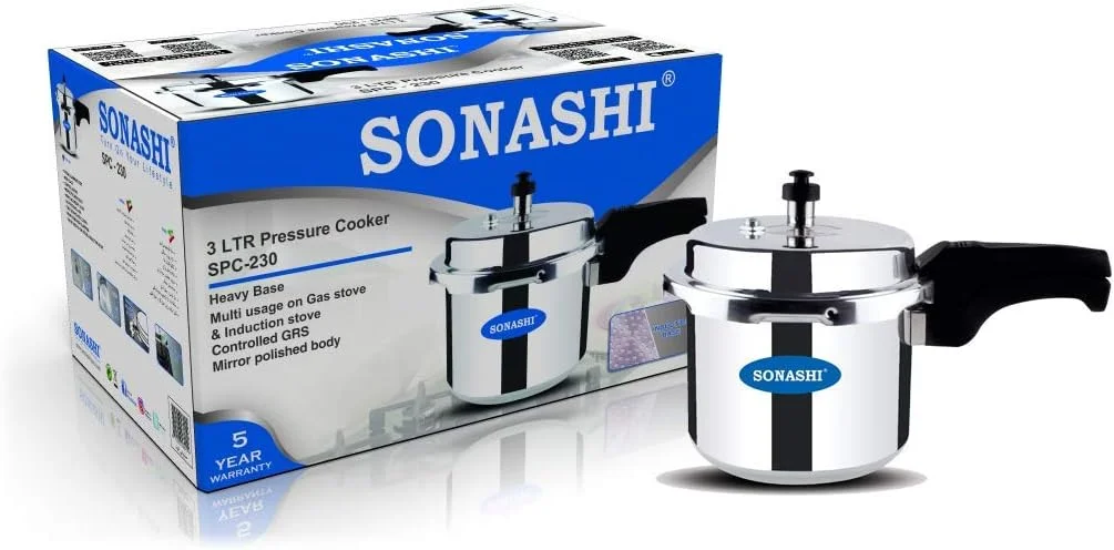 SONASHI SPC-230 Pressure Cooker – Heavy-Base Aluminium Pressure Cooker with Whistling Weight Valve, Extra Strong Lugs, Mirror Polish | Home Appliances SONASHI SPC-230 Pressure Cooker – Heavy-Base Aluminium Pressure Cooker with Whistling Weight Valve, Extra Strong Lugs, Mirror Polish | Home Appliances