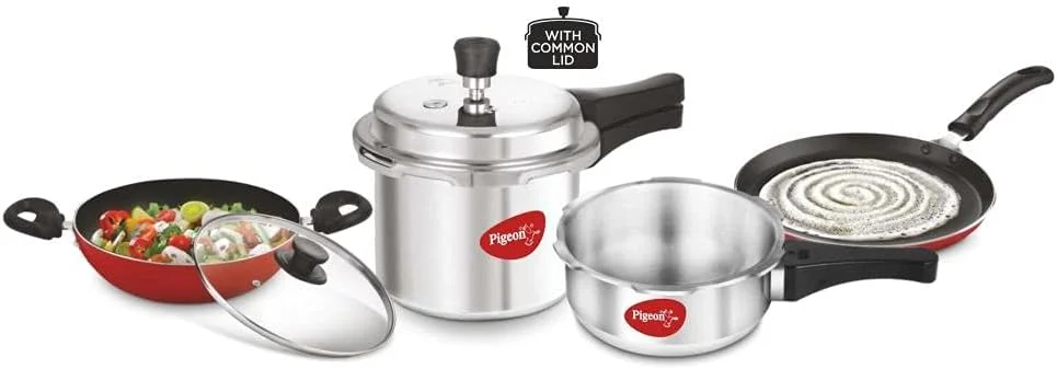 Pigeon Starter Kit of Mini Containing 2 and 3 litre Aluminium Pressure Cooker Outer Lid, 250 mm Flat Tawa 240mm Kadai with Glass Lid , Silver Large 14025