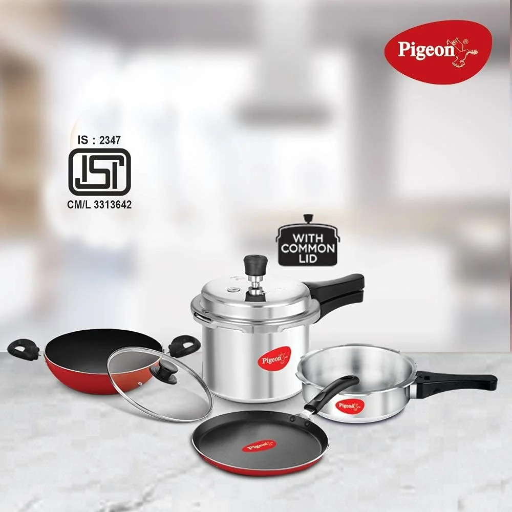 Pigeon Starter Kit of Mini Containing 2 and 3 litre Aluminium Pressure Cooker Outer Lid, 250 mm Flat Tawa 240mm Kadai with Glass Lid , Silver Large 14025 Pigeon Starter Kit of Mini Containing 2 and 3 litre Aluminium Pressure Cooker Outer Lid, 250 mm Flat Tawa 240mm Kadai with Glass Lid , Silver Large 14025