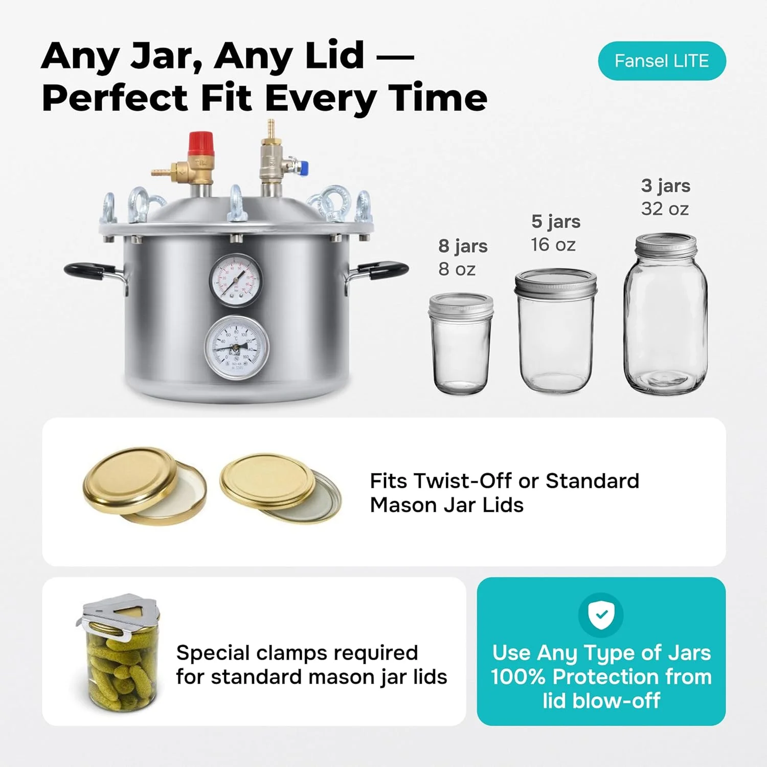 زودپز استیل "FANSEL LITE" با ظرفیت 8 لیتر / 8.4 کوارت، مناسب برای کنسرو کردن، دارای 2 حالت استریلیزاسیون - تا 5 قوطی 0.5 لیتری، مناسب برای انواع اجاق گاز