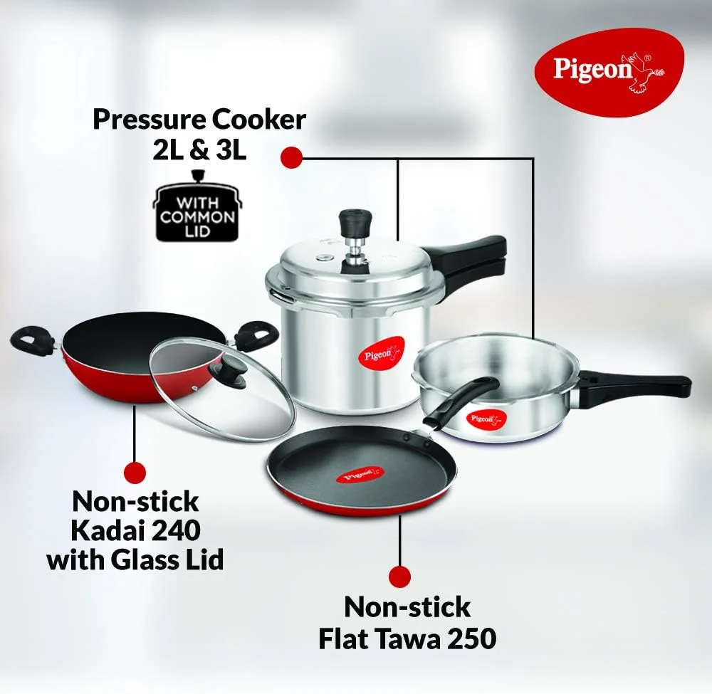 Pigeon Starter Kit of Mini Containing 2 and 3 litre Aluminium Pressure Cooker Outer Lid, 250 mm Flat Tawa 240mm Kadai with Glass Lid , Silver Large 14025 Pigeon Starter Kit of Mini Containing 2 and 3 litre Aluminium Pressure Cooker Outer Lid, 250 mm Flat Tawa 240mm Kadai with Glass Lid , Silver Large 14025