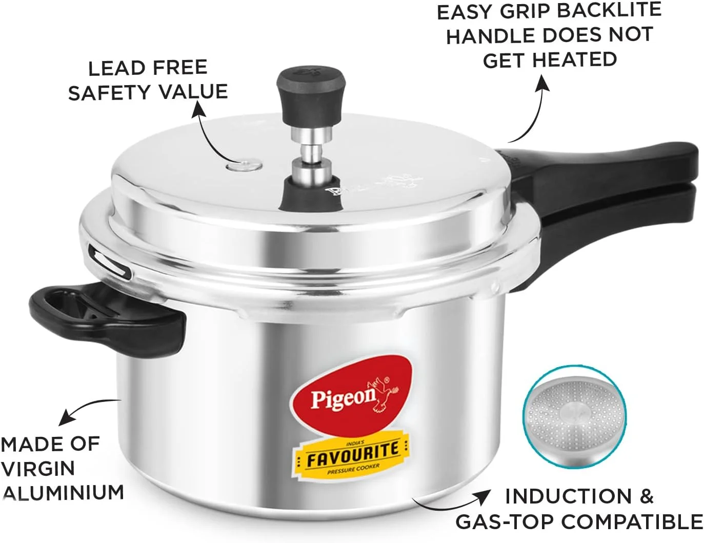 Pigeon by Stovekraft Favourite Induction Base Aluminum Pressure Cooker with Outer Lid, 5 Litres, Silver Pigeon by Stovekraft Favourite Induction Base Aluminum Pressure Cooker with Outer Lid, 5 Litres, Silver