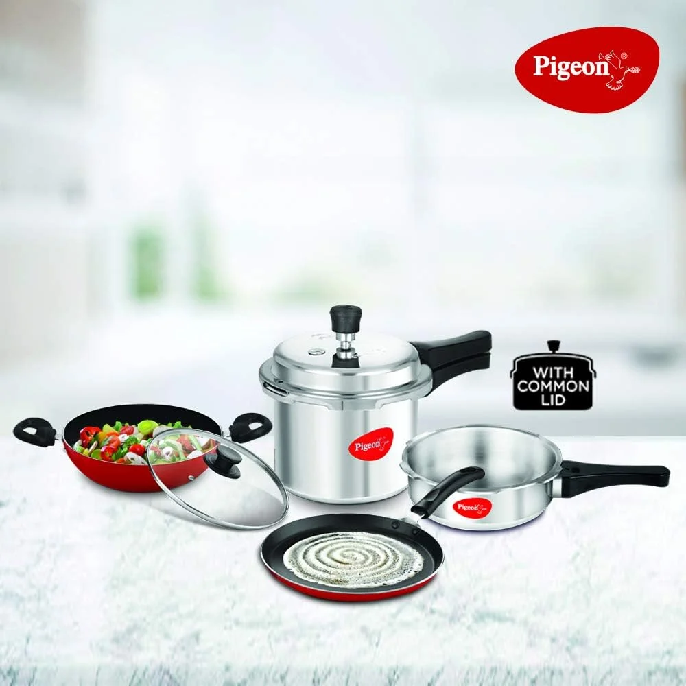Pigeon Starter Kit of Mini Containing 2 and 3 litre Aluminium Pressure Cooker Outer Lid, 250 mm Flat Tawa 240mm Kadai with Glass Lid , Silver Large 14025 Pigeon Starter Kit of Mini Containing 2 and 3 litre Aluminium Pressure Cooker Outer Lid, 250 mm Flat Tawa 240mm Kadai with Glass Lid , Silver Large 14025