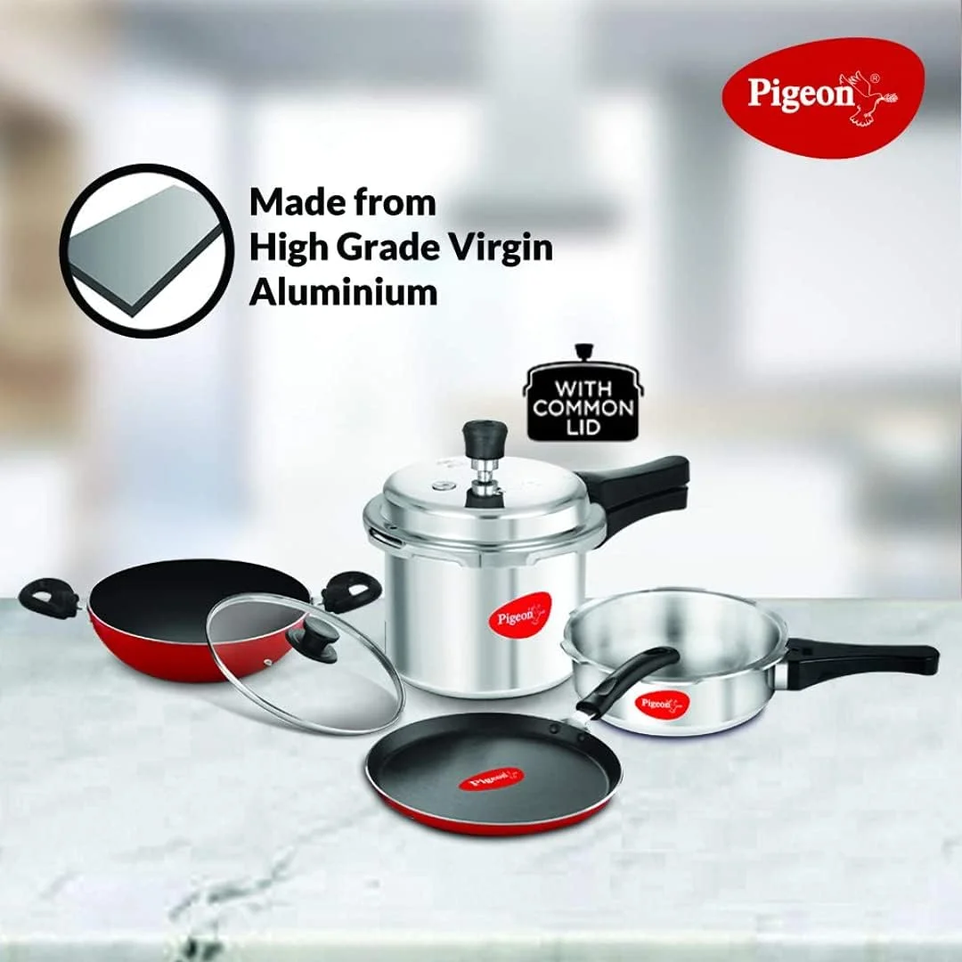 Pigeon Starter Kit of Mini Containing 2 and 3 litre Aluminium Pressure Cooker Outer Lid, 250 mm Flat Tawa 240mm Kadai with Glass Lid , Silver Large 14025 Pigeon Starter Kit of Mini Containing 2 and 3 litre Aluminium Pressure Cooker Outer Lid, 250 mm Flat Tawa 240mm Kadai with Glass Lid , Silver Large 14025