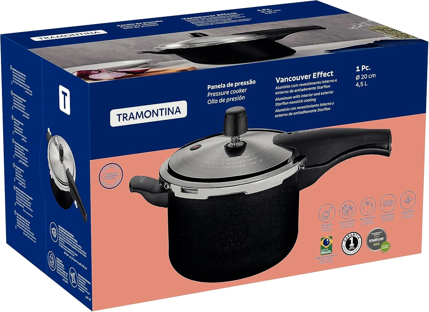 زودپز آلومینیومی مشکی ترامونتینا مدل Vancouver Effect با پوشش نچسب داخلی و خارجی Starflon Max، سایز 20 سانتی متر، 4.5 لیتر