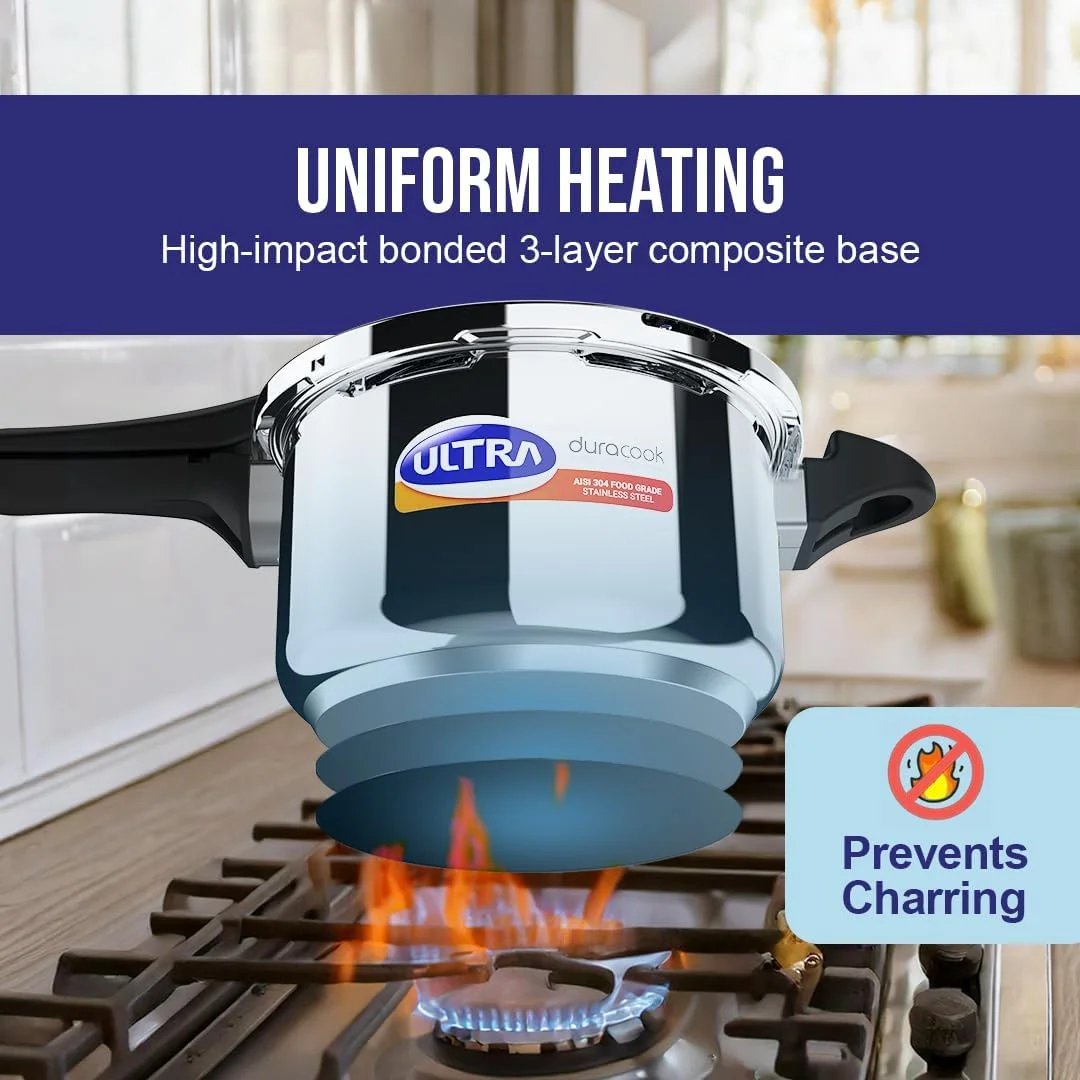 زودپز ۴.۵ لیتری استیل دوراکوک الترا با درب خارجی استیل ضد زنگ AISI 304 مناسب مواد غذایی (۴.۵ لیتر)، دارای جمع کننده کف - کنترل سرریز، سازگار با اجاق گاز القایی و معمولی، دسته های باکالیت قالب گیری شده با تزریق، دارای استاندارد ISI.