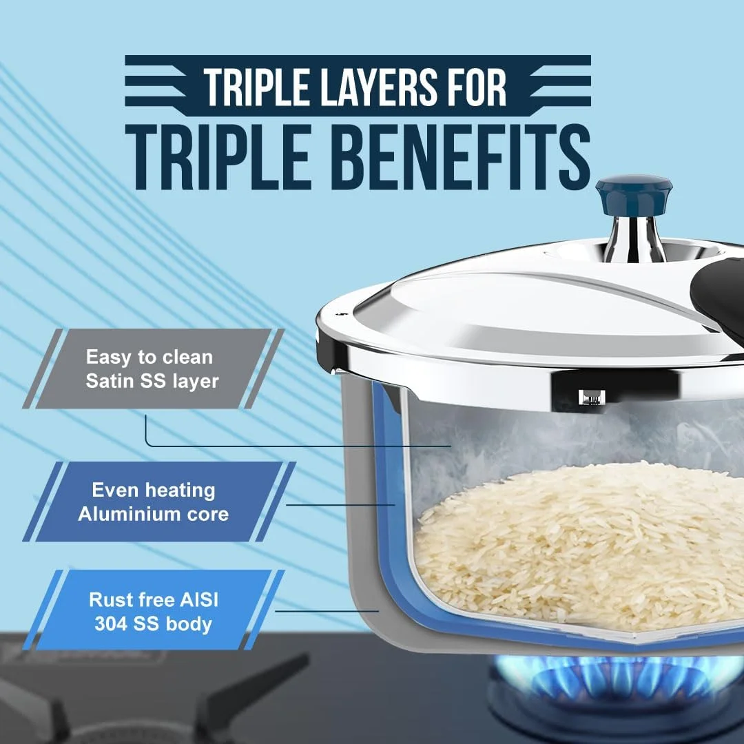 زودپز الترا دورا کوک Triply با ظرفیت 3.5 لیتر، استیل 304 گرید غذایی، ضد برآمدگی 'SCTS'، جمع کننده کف، پایه پهن برای پخت سریع - صرفه جویی در گاز. دسته های باکلیت جامد، بدنه 3 لایه، مناسب برای اجاق های القایی، دارای استاندارد ISI. زودپز الترا دورا کوک Triply با ظرفیت 3.5 لیتر، استیل 304 گرید غذایی، ضد برآمدگی 'SCTS'، جمع کننده کف، پایه پهن برای پخت سریع - صرفه جویی در گاز. دسته های باکلیت جامد، بدنه 3 لایه، مناسب برای اجاق های القایی، دارای استاندارد ISI.