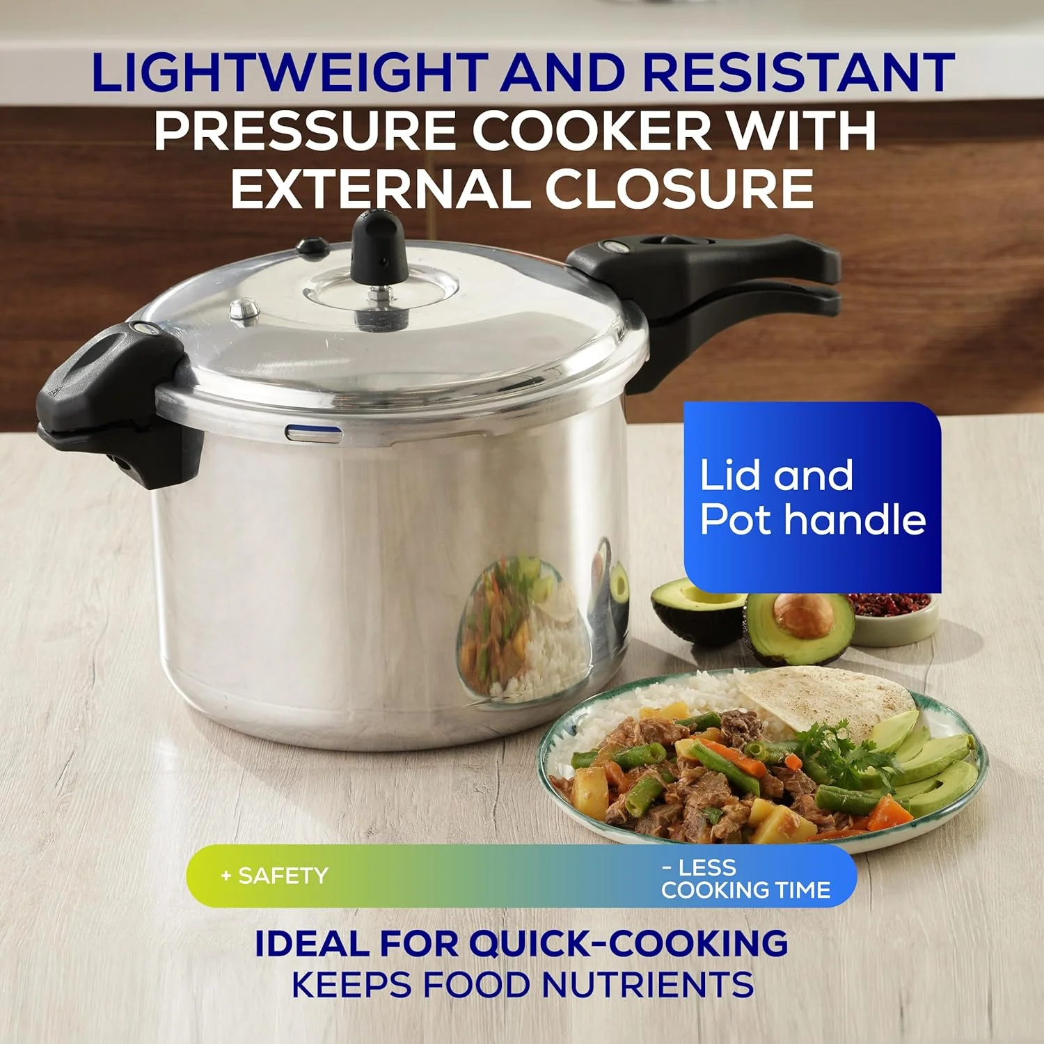 زودپز آلومینیومی الترا با ظرفیت 10.5 کوارت/ 10 لیتر، ضد زنگ، مناسب برای 11 نفر، با توزیع یکنواخت حرارت، قطر 26.4 سانتی متر، ارتفاع 26.9 سانتی متر