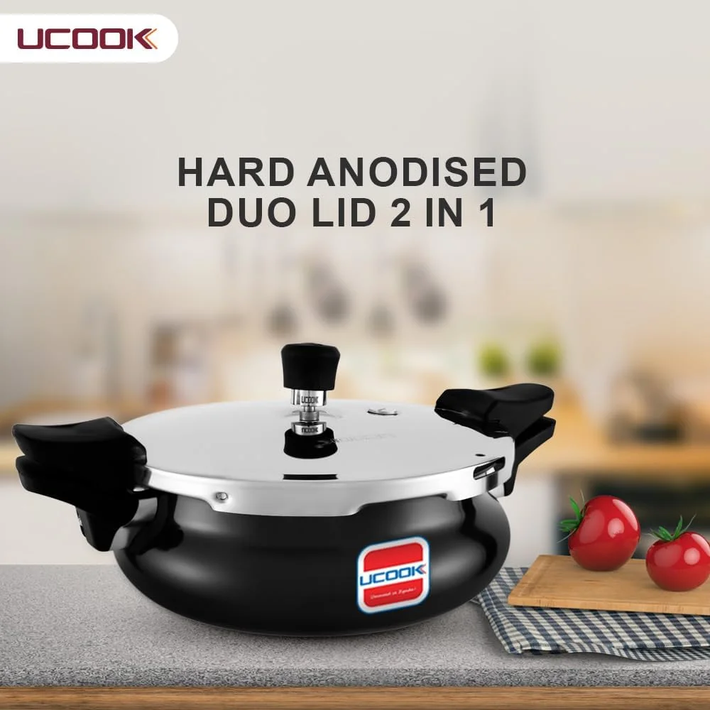 یوکوک بای یونایتد اکتا گروپ، قابلمه زودپز هارد آنادایز شده با دو درب، 2 در 1، مناسب برای اجاق های القایی، 3 لیتری، مدل هندی، چند منظوره، درب بیرونی، مشکی