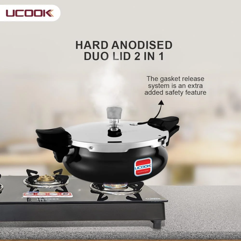 یوکوک بای یونایتد اکتا گروپ، قابلمه زودپز هارد آنادایز شده با دو درب، 2 در 1، مناسب برای اجاق های القایی، 3 لیتری، مدل هندی، چند منظوره، درب بیرونی، مشکی