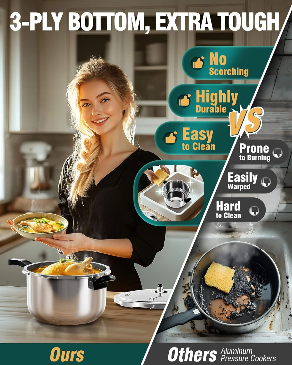 زودپز استیل WantJoin با ظرفیت 6 کوارت، قابلمه زودپز تجاری مناسب برای پخت و پز تحت فشار یا بخارپز کردن، سازگار با اجاق گاز و اجاق القایی زودپز استیل WantJoin با ظرفیت 6 کوارت، قابلمه زودپز تجاری مناسب برای پخت و پز تحت فشار یا بخارپز کردن، سازگار با اجاق گاز و اجاق القایی