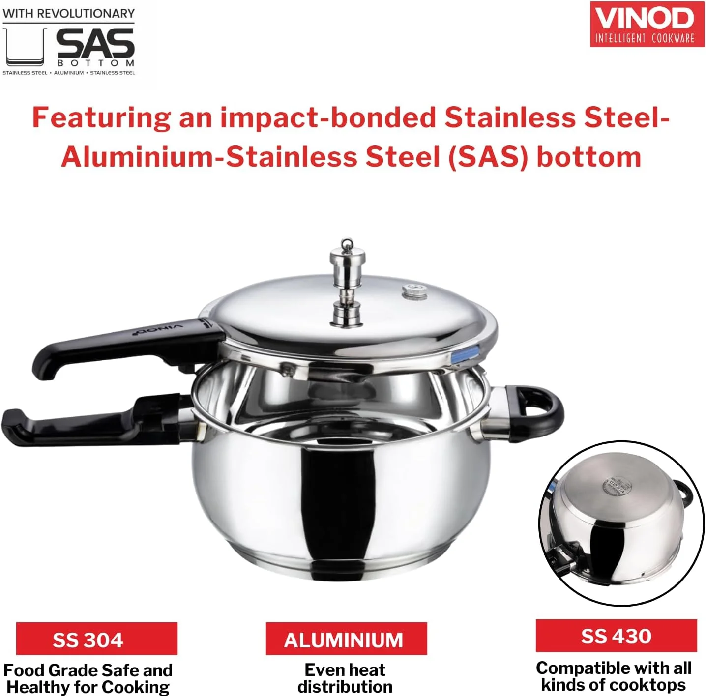 زودپز استیل ضد زنگ 18/8 مدل Splendid Plus  Vinod - ظرفیت 5.5 لیتر به همراه درب شیشه ای اضافی