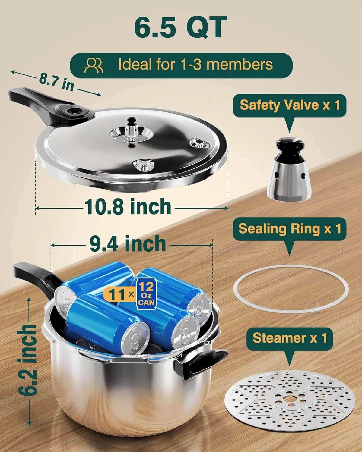 زودپز استیل WantJoin با ظرفیت 6 کوارت، قابلمه زودپز تجاری مناسب برای پخت و پز تحت فشار یا بخارپز کردن، سازگار با اجاق گاز و اجاق القایی زودپز استیل WantJoin با ظرفیت 6 کوارت، قابلمه زودپز تجاری مناسب برای پخت و پز تحت فشار یا بخارپز کردن، سازگار با اجاق گاز و اجاق القایی