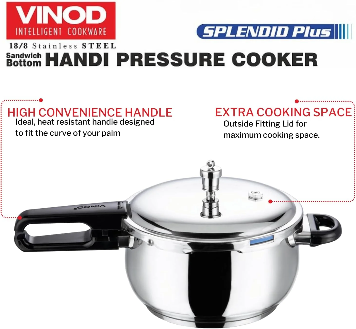 زودپز استیل ضد زنگ 18/8 مدل Splendid Plus  Vinod - ظرفیت 5.5 لیتر به همراه درب شیشه ای اضافی