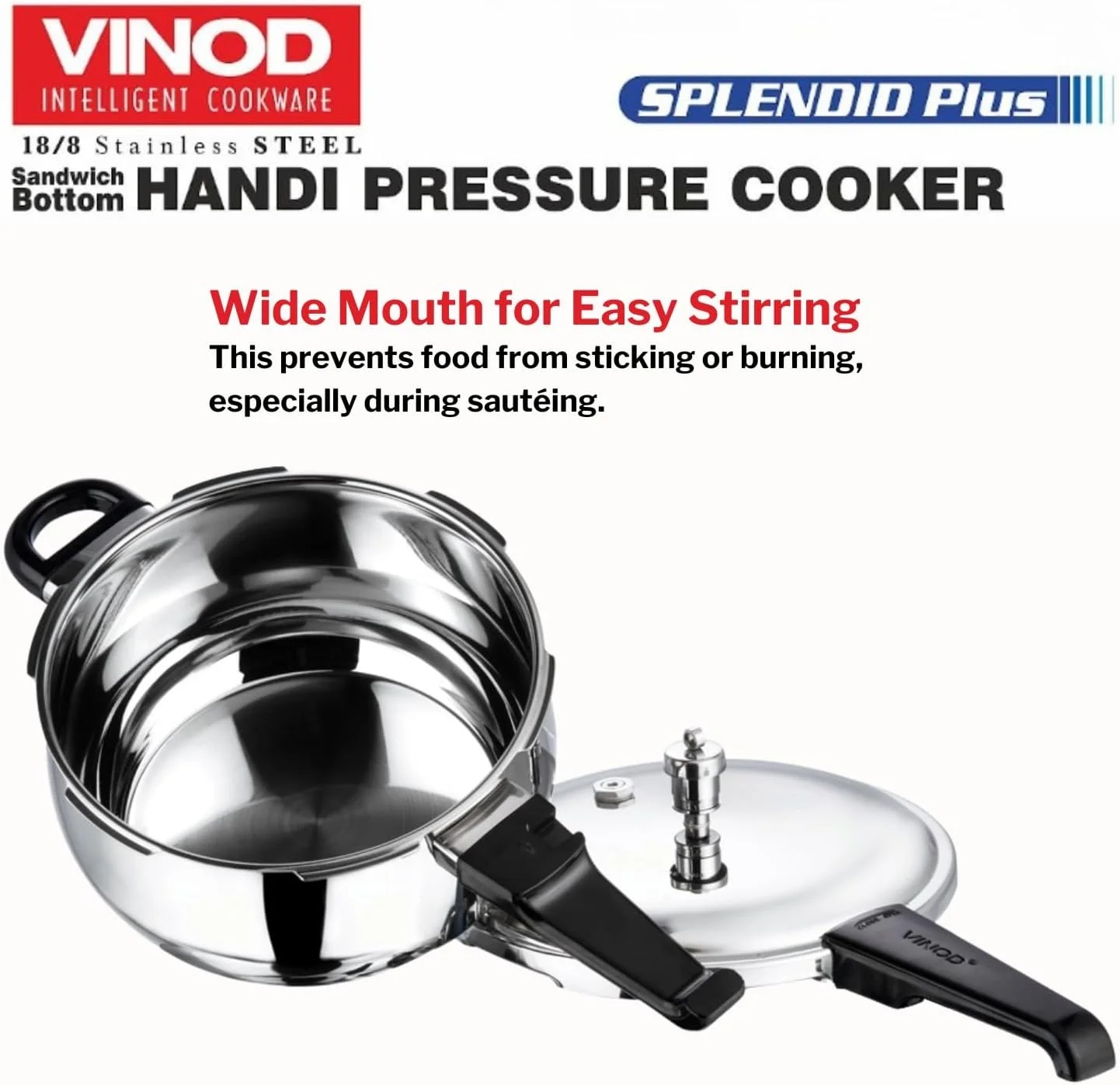 زودپز استیل ضد زنگ 18/8 مدل Splendid Plus  Vinod - ظرفیت 5.5 لیتر به همراه درب شیشه ای اضافی