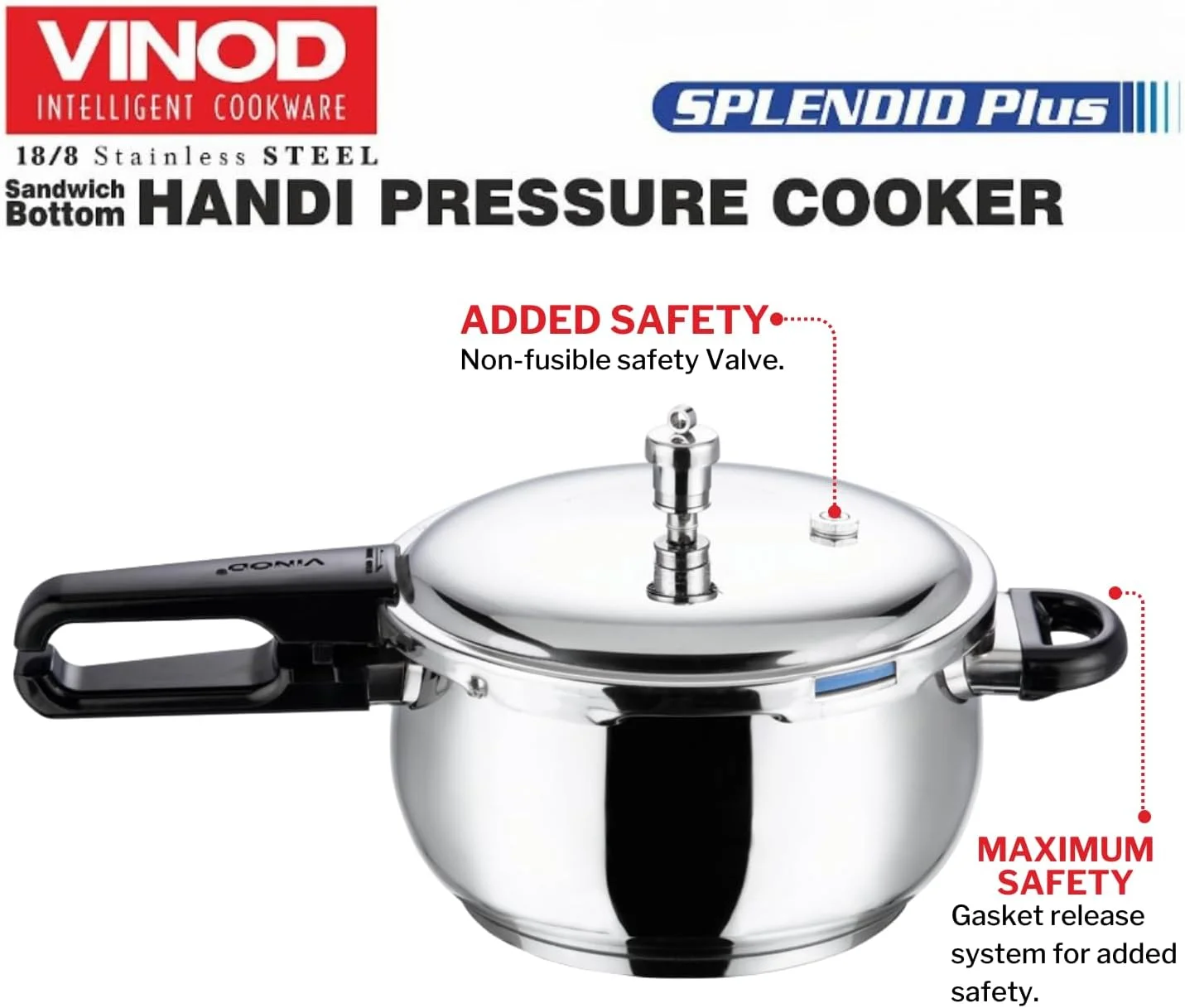 زودپز استیل ضد زنگ 18/8 مدل Splendid Plus  Vinod - ظرفیت 5.5 لیتر به همراه درب شیشه ای اضافی
