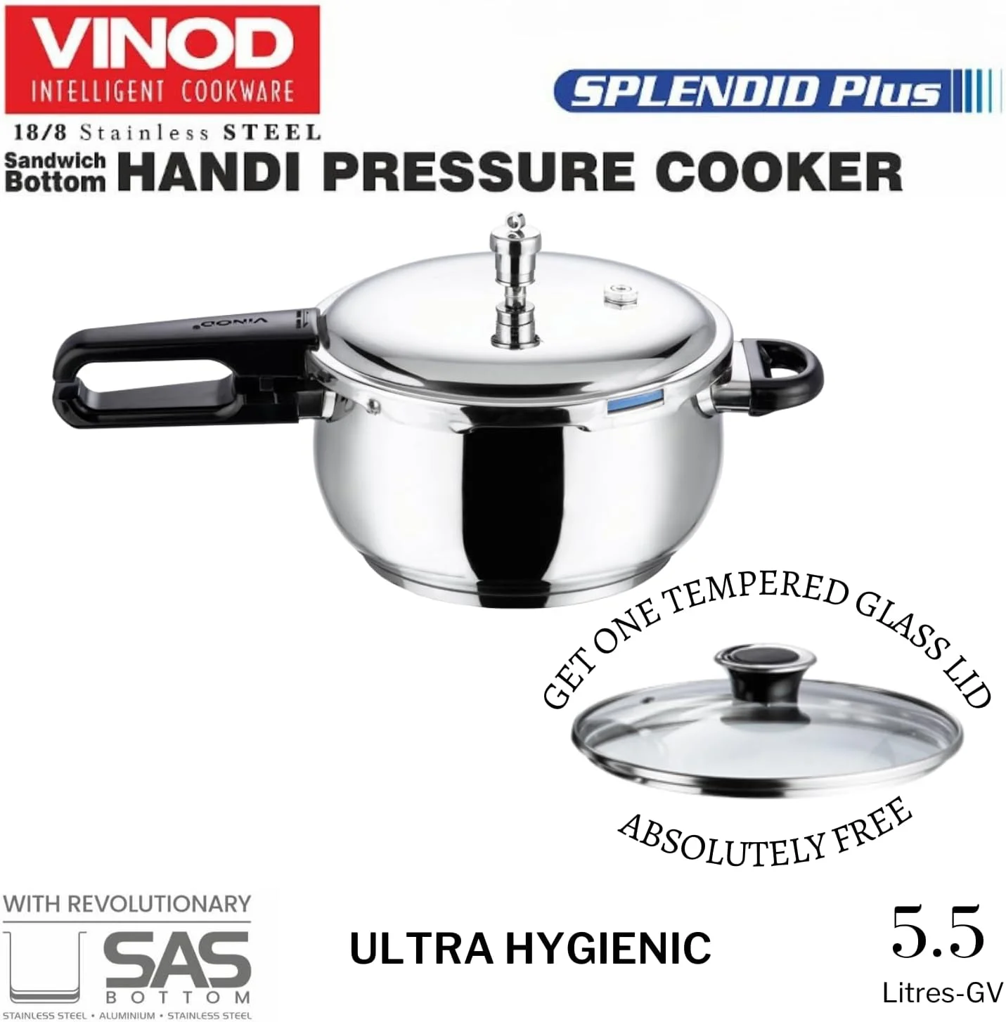 زودپز استیل ضد زنگ 18/8 مدل Splendid Plus  Vinod - ظرفیت 5.5 لیتر به همراه درب شیشه ای اضافی