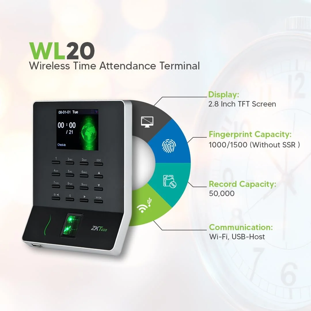 دستگاه حضور و غیاب اثر انگشتی ZKTeco WL20 | ترمینال بیومتریک حضور و غیاب با اتصال Wi-Fi و USB | نرم افزار رایگان مبتنی بر ابر دستگاه حضور و غیاب اثر انگشتی ZKTeco WL20 | ترمینال بیومتریک حضور و غیاب با اتصال Wi-Fi و USB | نرم افزار رایگان مبتنی بر ابر