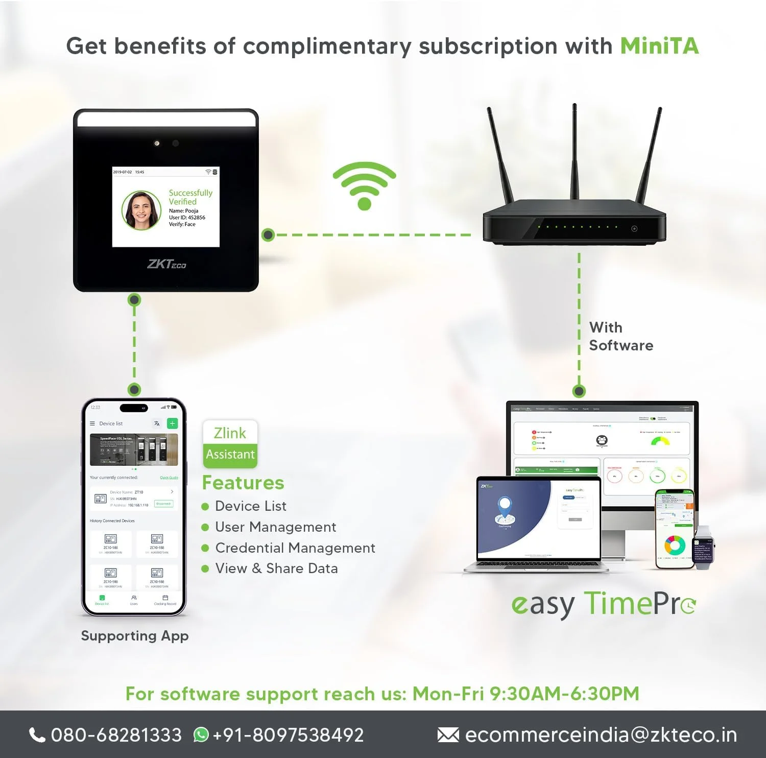 دستگاه حضور و غیاب و کنترل دسترسی تشخیص چهره بدون تماس ZKTeco MiniTA | WiFi، اپلیکیشن موبایل، نرم افزار رایگان تحت وب/ابر | ایده آل برای دفتر