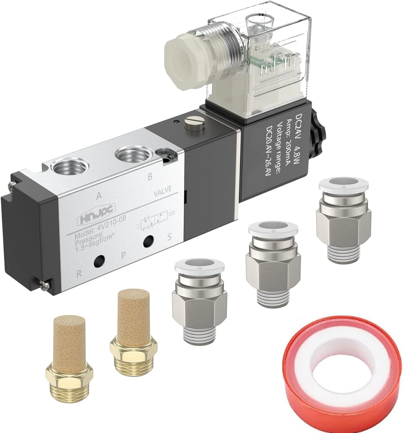 شیر برقی پنوماتیک HNJPC مدل 4V210-08، 2 موقعیت 5 راهه 12V/24V/110V/220V، شیر معکوس کننده سیلندر، شیر برقی تک بوبین، شیر الکتریکی پایلوت دار 220V، شیر کنترل الکترومغناطیسی (-DC24V)