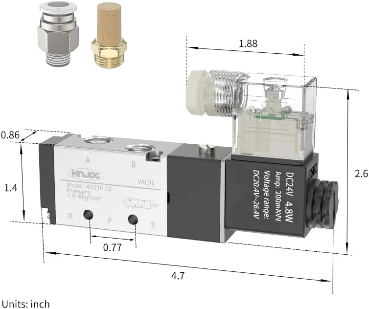 شیر برقی پنوماتیک HNJPC مدل 4V210-08، 2 موقعیت 5 راهه 12V/24V/110V/220V، شیر معکوس کننده سیلندر، شیر برقی تک بوبین، شیر الکتریکی پایلوت دار 220V، شیر کنترل الکترومغناطیسی (-DC24V)