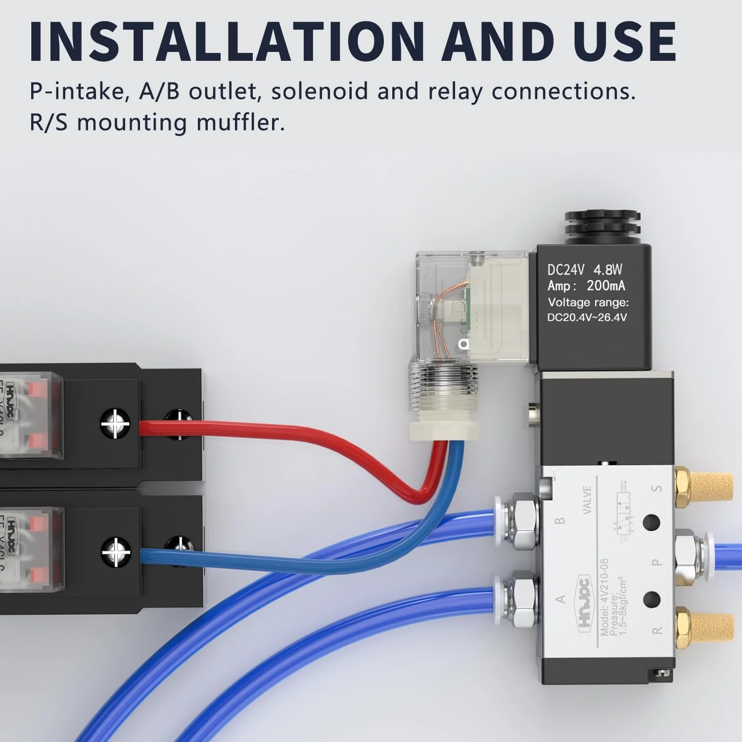 شیر برقی پنوماتیک HNJPC مدل 4V210-08، 2 موقعیت 5 راهه 12V/24V/110V/220V، شیر معکوس کننده سیلندر، شیر برقی تک بوبین، شیر الکتریکی پایلوت دار 220V، شیر کنترل الکترومغناطیسی (-DC24V)