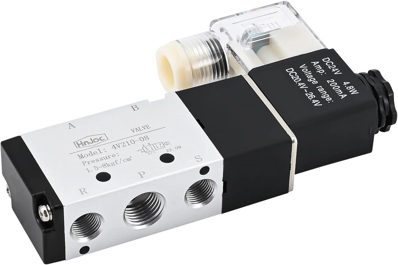 شیر برقی پنوماتیک HNJPC مدل 4V210-08، 2 موقعیت 5 راهه 12V/24V/110V/220V، شیر معکوس کننده سیلندر، شیر برقی تک بوبین، شیر الکتریکی پایلوت دار 220V، شیر کنترل الکترومغناطیسی (-DC24V)
