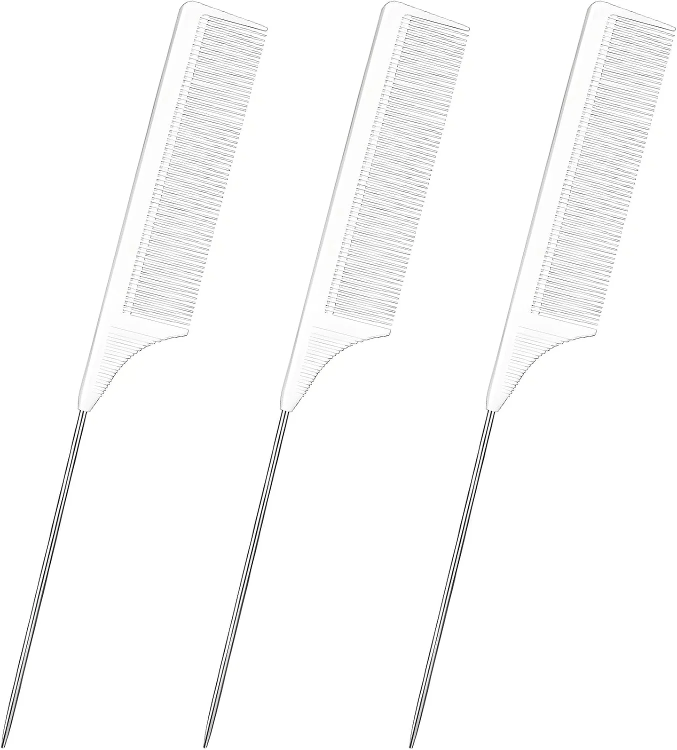 ست 3 عددی شانه دم موشی، دم باریک جداکننده، شانه پوش دهنده دندانه ریز، شانه فلزی جدا کننده مو، شانه پوش دهنده فیبر کربن مقاوم در برابر حرارت و شانه دم باریک استیل (سفید)