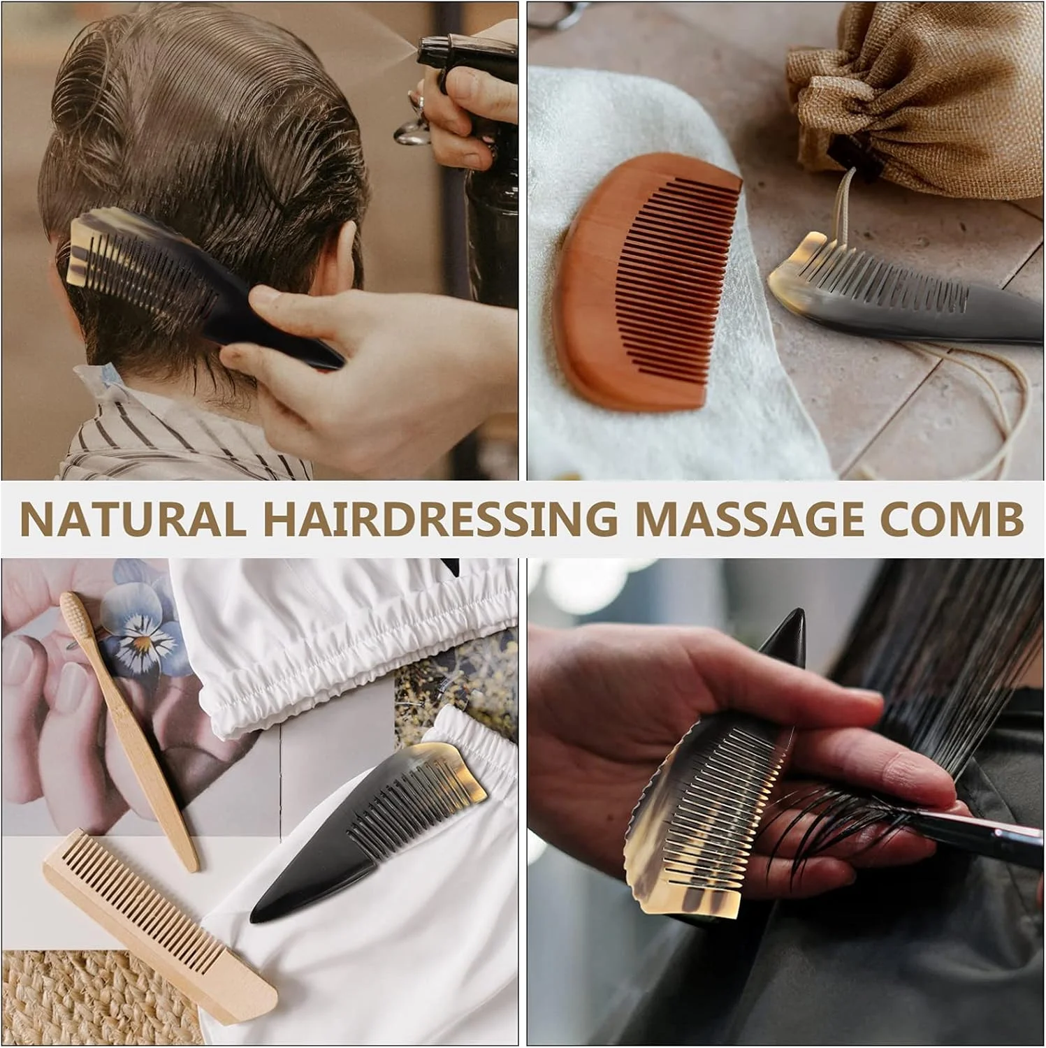 شانه مویی از جنس شاخ گاو طبیعی، دم موشی، ضد الکتریسیته ساکن، قابل حمل، ماساژور بدون دسته، جلوگیری از ریزش مو برای زنان و مردان (مشکی)، 2 عدد