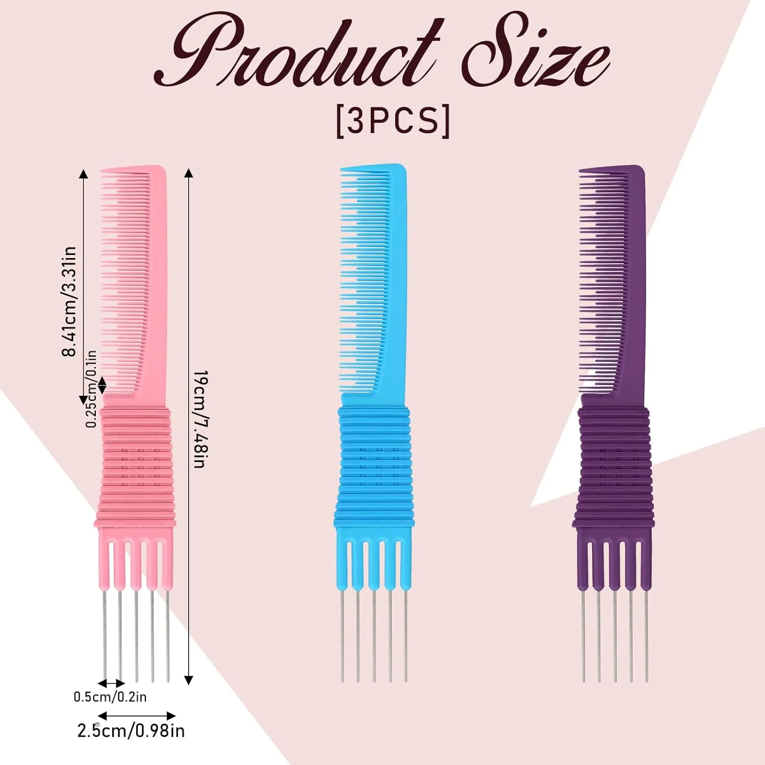 ست 3 عددی شانه پوش دهنده مو با دندانه فلزی، شانه حالت دهنده مو برای حجم دادن و بلند کردن مو به همراه شانه فلزی جدا کننده مو زنانه