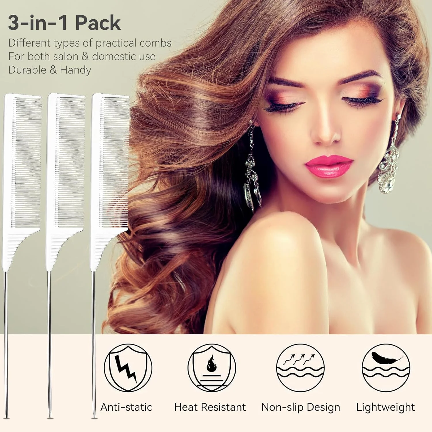 ست 3 عددی شانه دم موشی، دم باریک جداکننده، شانه پوش دهنده دندانه ریز، شانه فلزی جدا کننده مو، شانه پوش دهنده فیبر کربن مقاوم در برابر حرارت و شانه دم باریک استیل (سفید)