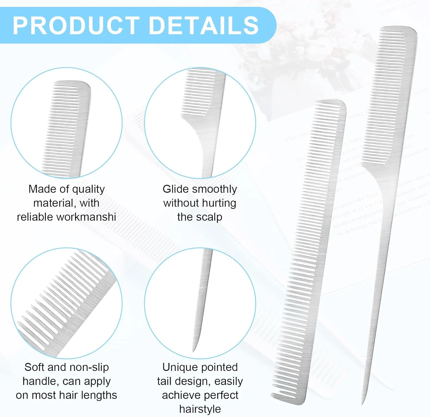 ست 2 عددی شانه فلزی استیل ضد زنگ، شانه دم موشی با دندانه های فلزی، شانه آرایشگاهی تخت، شانه پوش دهنده مو با دندانه های ظریف برای حالت دادن و برش موی زنان و مردان (نقره ای)