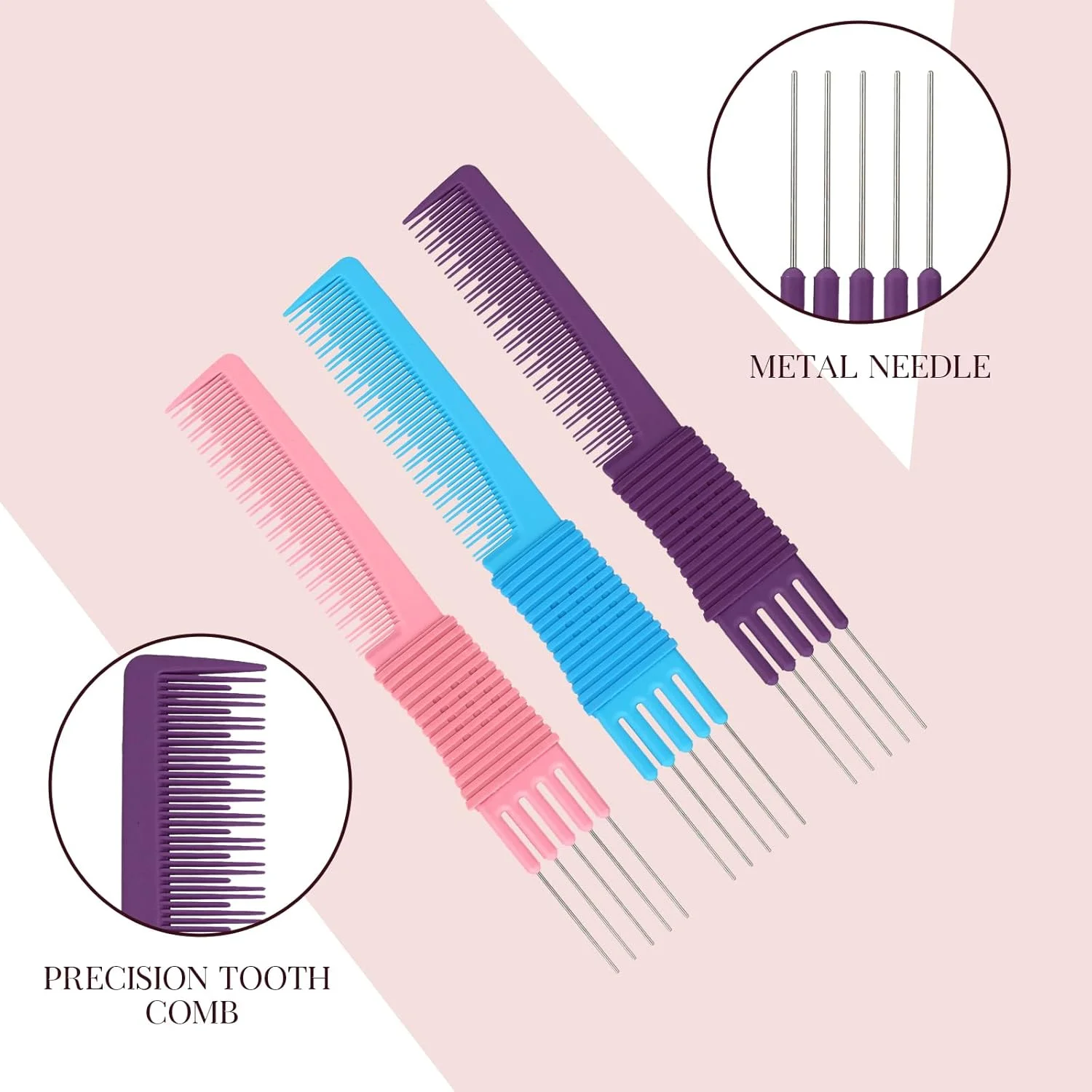 ست 3 عددی شانه پوش دهنده مو با دندانه فلزی، شانه حالت دهنده مو برای حجم دادن و بلند کردن مو به همراه شانه فلزی جدا کننده مو زنانه