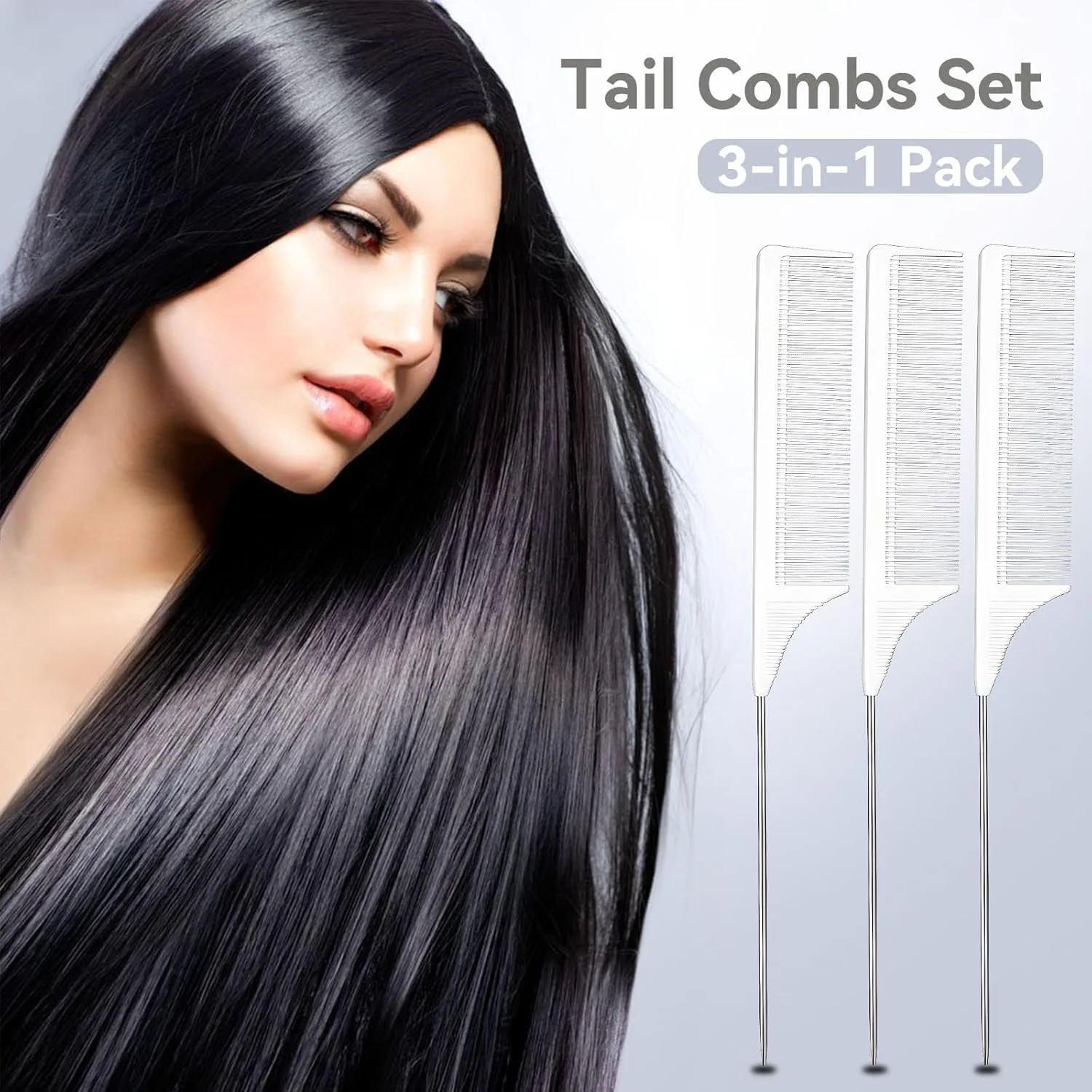 ست 3 عددی شانه دم موشی، دم باریک جداکننده، شانه پوش دهنده دندانه ریز، شانه فلزی جدا کننده مو، شانه پوش دهنده فیبر کربن مقاوم در برابر حرارت و شانه دم باریک استیل (سفید)