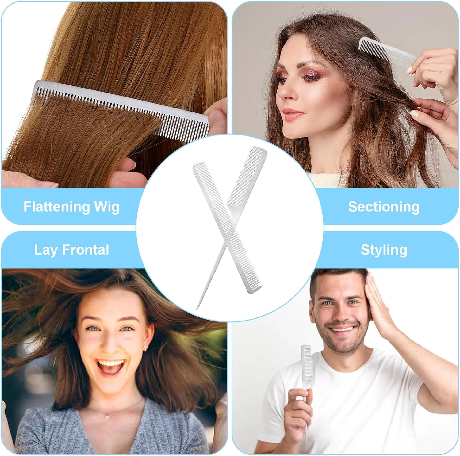 ست 2 عددی شانه فلزی استیل ضد زنگ، شانه دم موشی با دندانه های فلزی، شانه آرایشگاهی تخت، شانه پوش دهنده مو با دندانه های ظریف برای حالت دادن و برش موی زنان و مردان (نقره ای)