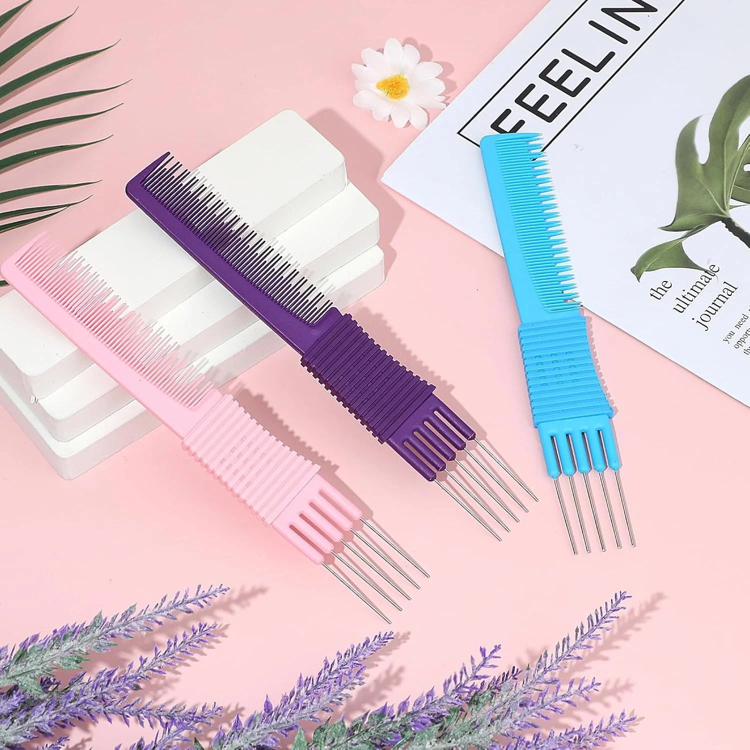 ست 3 عددی شانه پوش دهنده مو با دندانه فلزی، شانه حالت دهنده مو برای حجم دادن و بلند کردن مو به همراه شانه فلزی جدا کننده مو زنانه